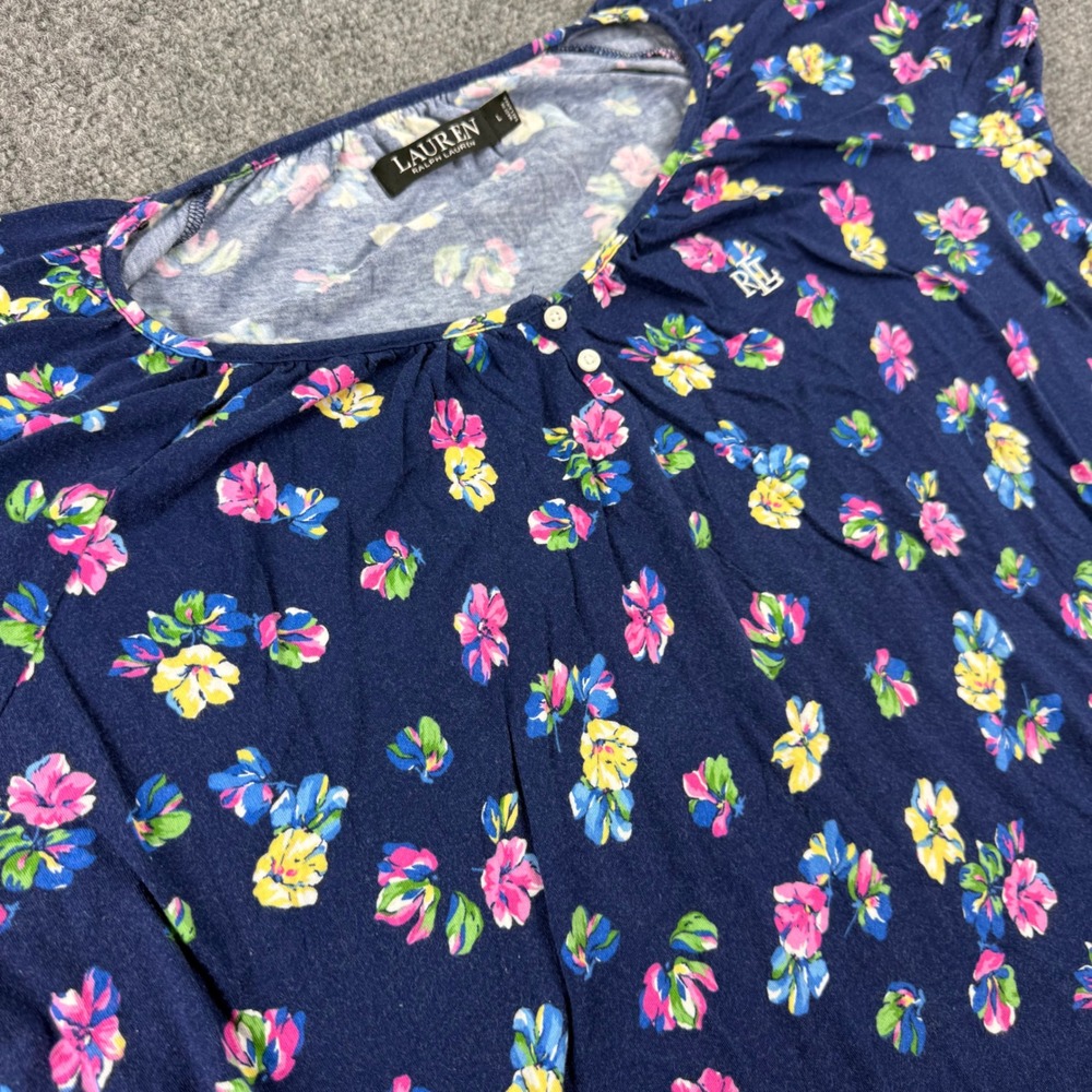 Lauren Ralph Lauren Floral Top Large Navy Blue Cap Sleeve Henley Women